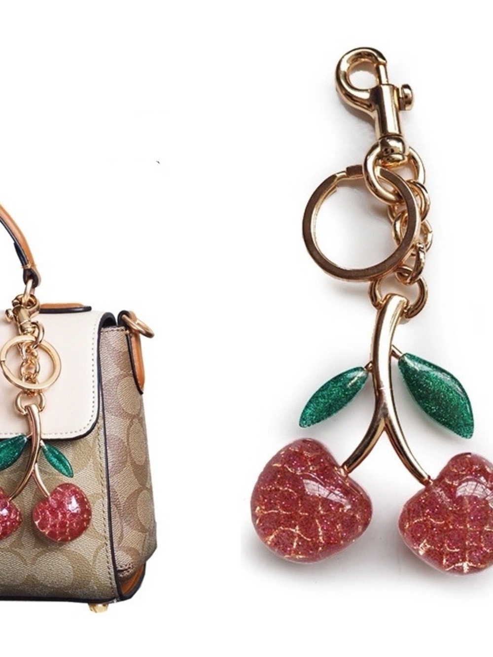 Cherry Charm Bag Keychain — Pink & Green Glitter